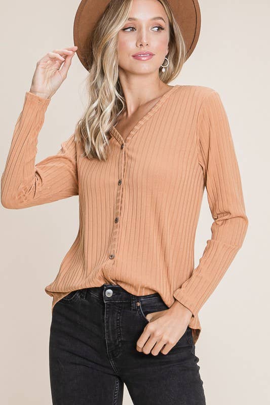 TL1640 Rib Knit Faux Button Top : Pumpkin / Solid / L