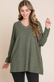 TL1772 CHECKER V-NECK TUNIC : Taupe / Solid / M
