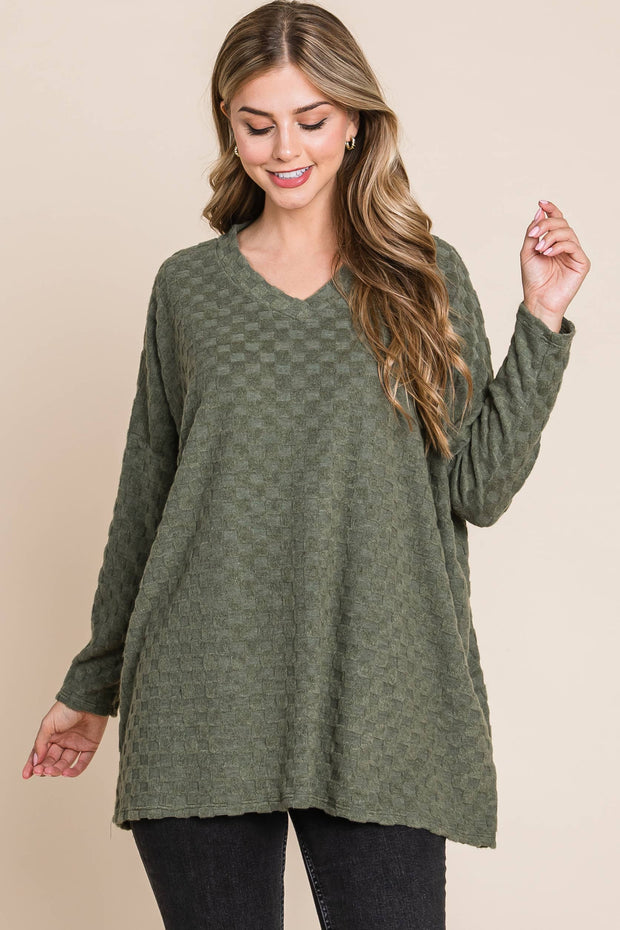 TL1772 CHECKER V-NECK TUNIC : Taupe / Solid / XL