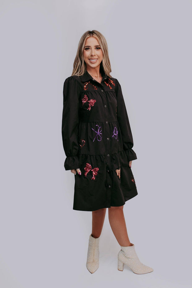 MK547 Sequins Bow Puff Sleeve Long Sleeve Dress: Black / 1XL