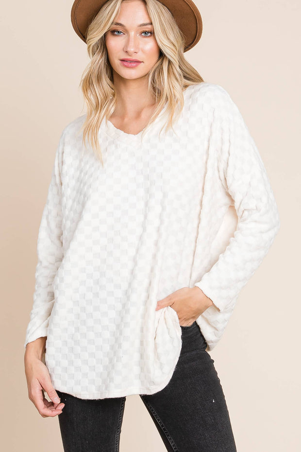 TL1772 CHECKER V-NECK TUNIC : Taupe / Solid / L