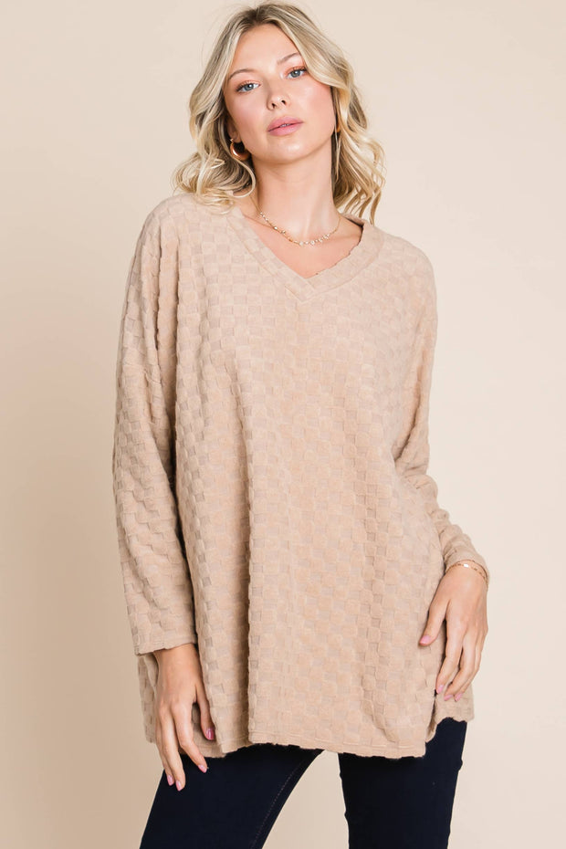 TL1772 CHECKER V-NECK TUNIC : Taupe / Solid / XL