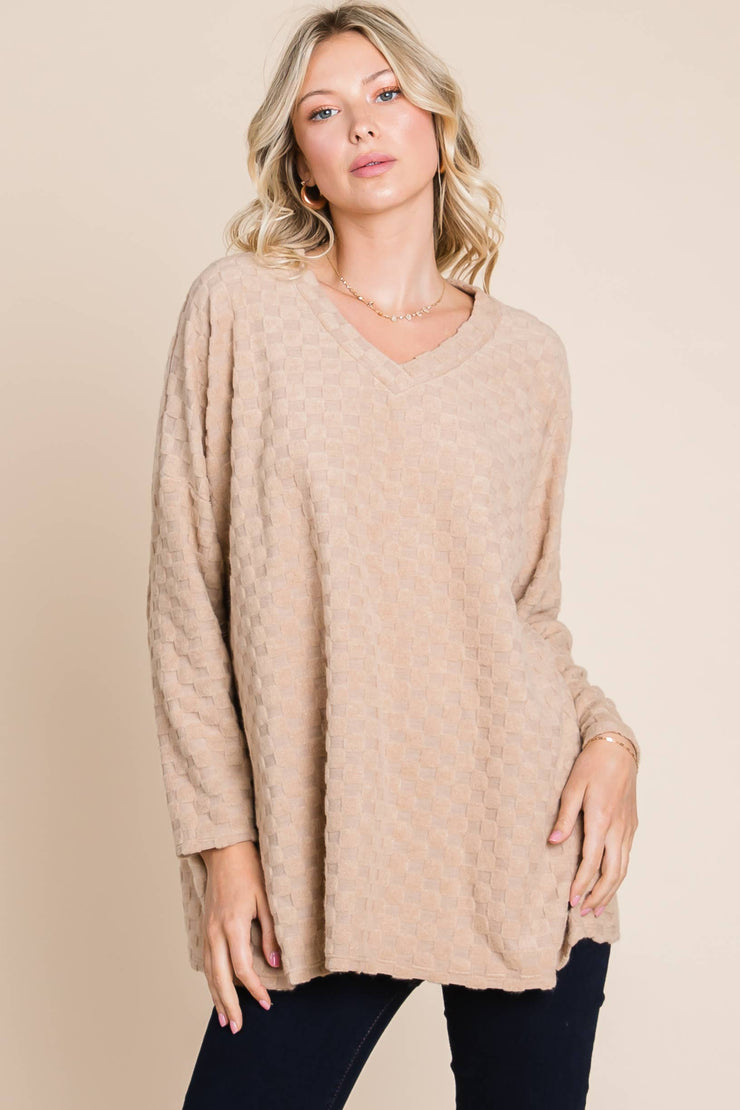 TL1772 CHECKER V-NECK TUNIC : Taupe / Solid / XL