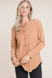 TL1640 Rib Knit Faux Button Top : Pumpkin / Solid / M