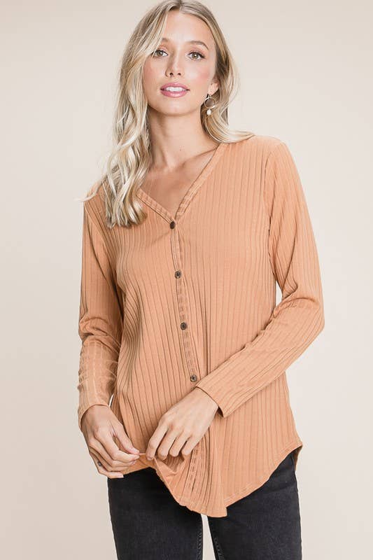 TL1640 Rib Knit Faux Button Top : Pumpkin / Solid / M