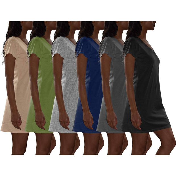 6 Pack Women's Cotton Short Sleeve Long Sleep Shirt: Cherry, Boy Blue, Pink Lavender, Dahlia, Arcadia Green, Violet / Large