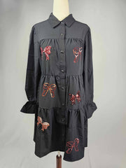 MK547 Sequins Bow Puff Sleeve Long Sleeve Dress: Black / S
