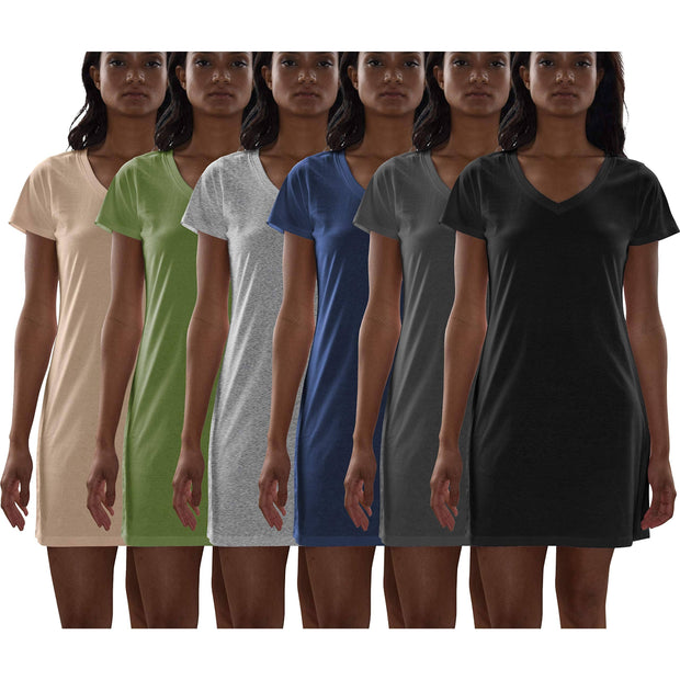6 Pack Women's Cotton Short Sleeve Long Sleep Shirt: Cherry, Boy Blue, Pink Lavender, Dahlia, Arcadia Green, Violet / Small