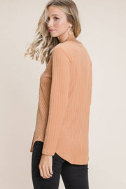 TL1640 Rib Knit Faux Button Top : Pumpkin / Solid / L