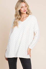 TL1772 CHECKER V-NECK TUNIC : Taupe / Solid / XL