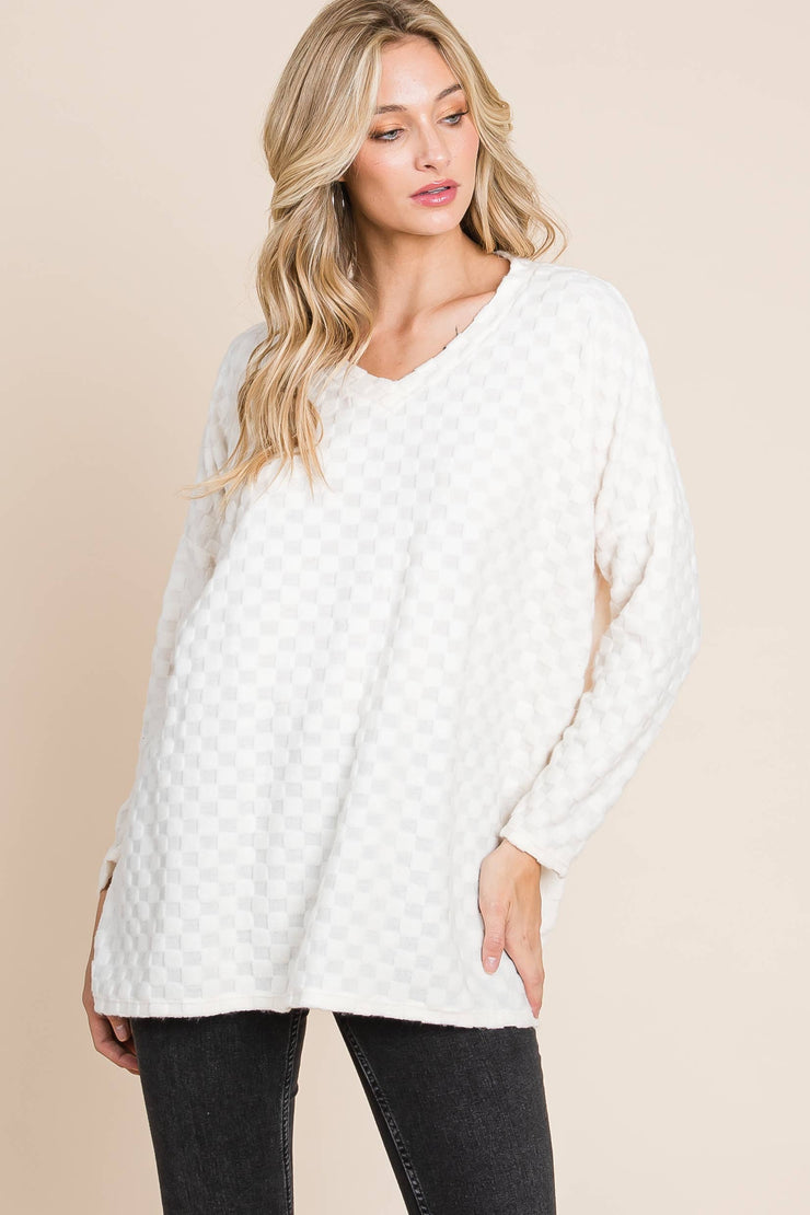 TL1772 CHECKER V-NECK TUNIC : Taupe / Solid / S
