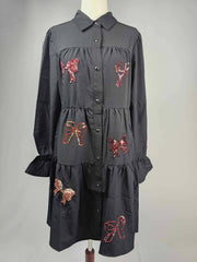 MK547 Sequins Bow Puff Sleeve Long Sleeve Dress: Black / L
