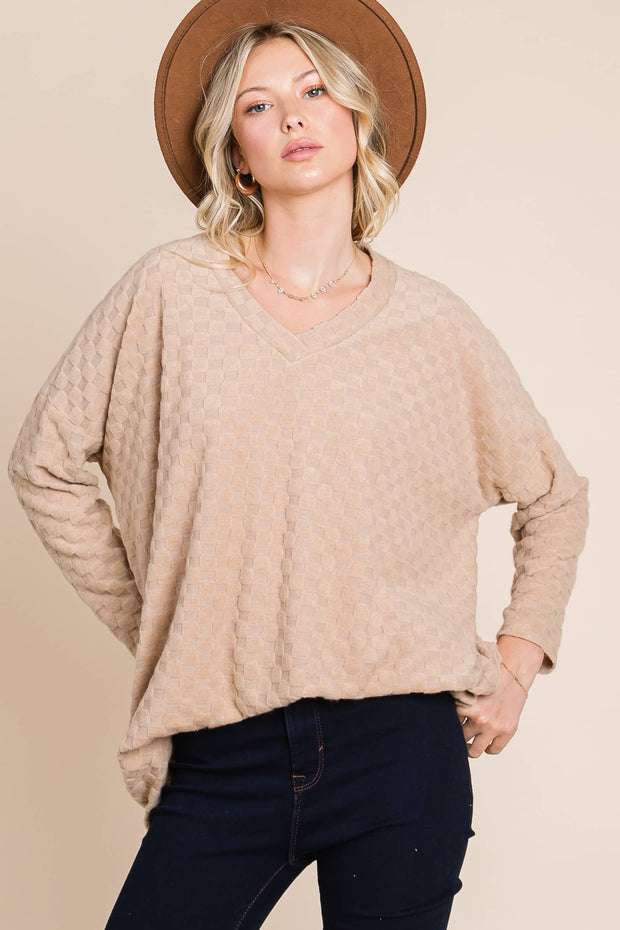 TL1772 CHECKER V-NECK TUNIC : Taupe / Solid / S