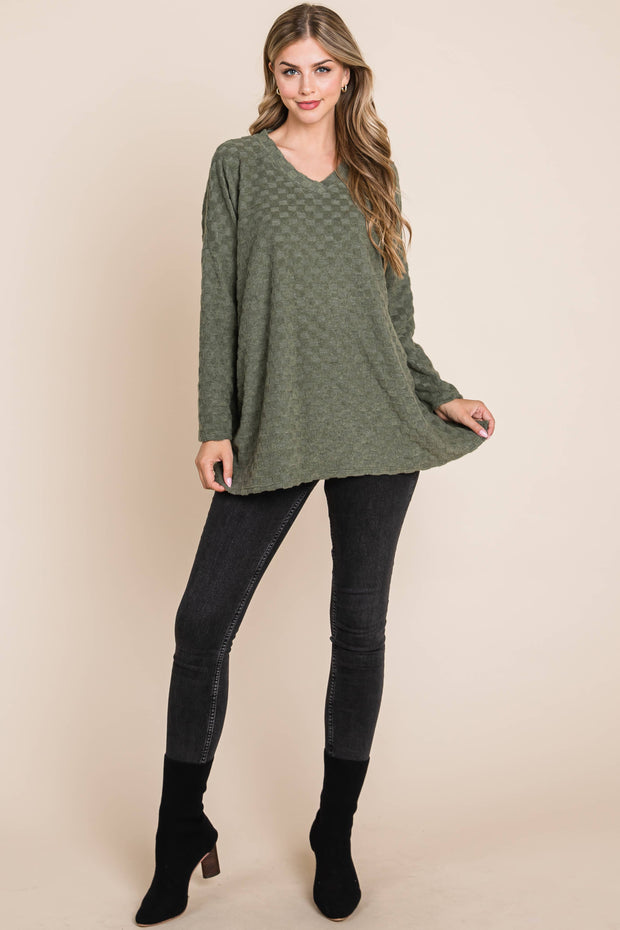 TL1772 CHECKER V-NECK TUNIC : Taupe / Solid / L