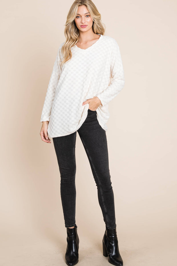 TL1772 CHECKER V-NECK TUNIC : Taupe / Solid / L