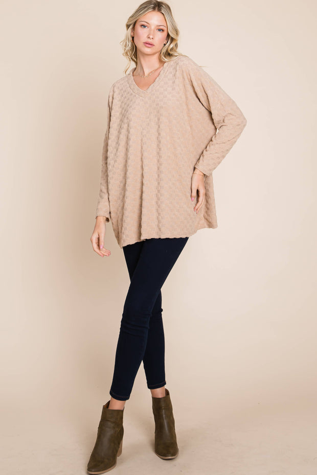 TL1772 CHECKER V-NECK TUNIC : Taupe / Solid / XL