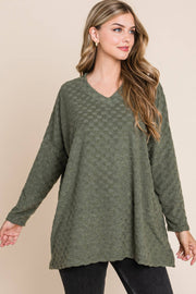 TL1772 CHECKER V-NECK TUNIC : Taupe / Solid / S