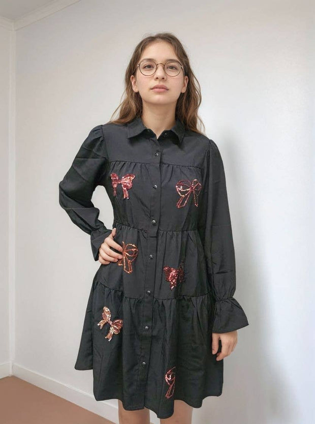 MK547 Sequins Bow Puff Sleeve Long Sleeve Dress: Black / S