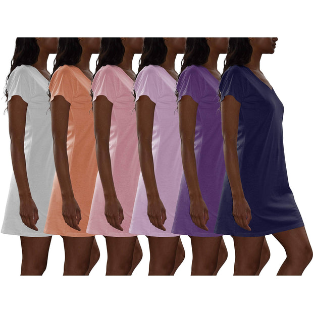 6 Pack Women's Cotton Short Sleeve Long Sleep Shirt: Cherry, Boy Blue, Pink Lavender, Dahlia, Arcadia Green, Violet / Large