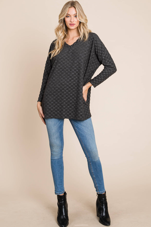 TL1772 CHECKER V-NECK TUNIC : Taupe / Solid / XL