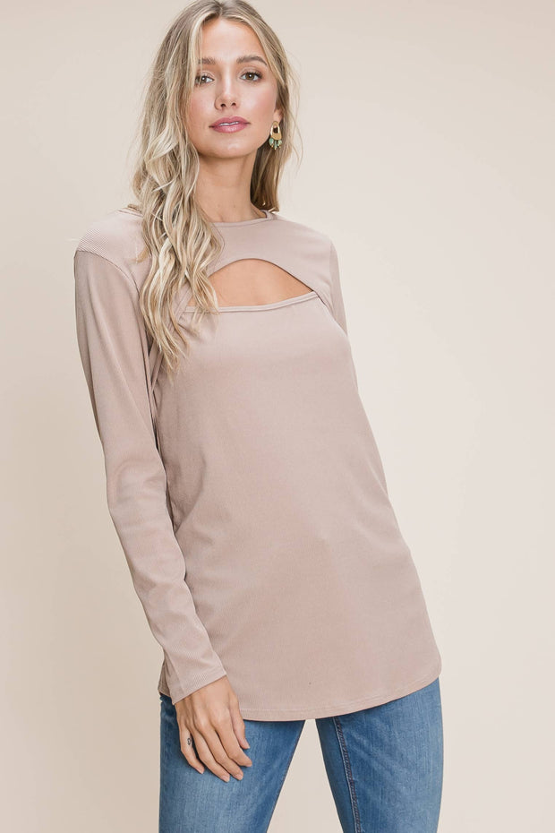 TL1570 Ribbed Keyhole Top : Beige / L