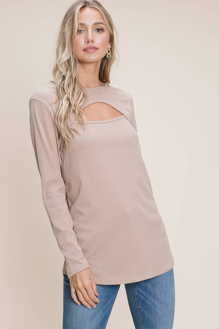 TL1570 Ribbed Keyhole Top : Beige / L