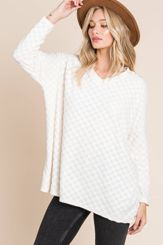 TL1772 CHECKER V-NECK TUNIC : Taupe / Solid / S