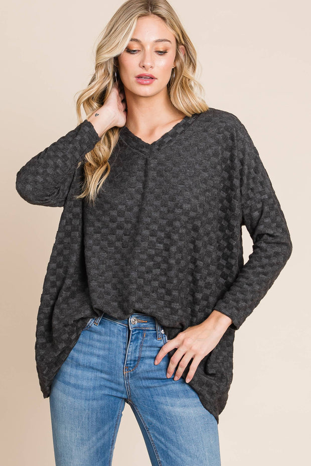 TL1772 CHECKER V-NECK TUNIC : Taupe / Solid / L