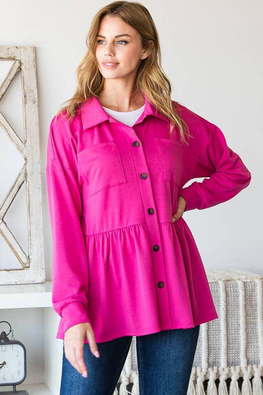 EJ6739-10 BASIC COLLAR SOLID SHACKET WITH SHIRRING